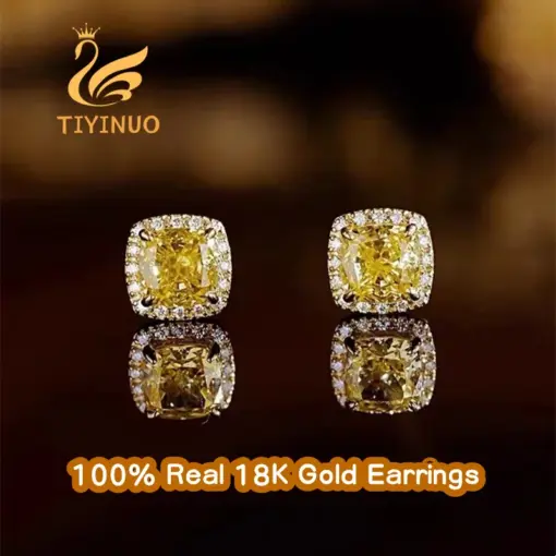 TIYINUO AU750 Real 18K Gold Stud Earrings Yellow Citrine Gemstones For Woman Wife Delicate Birthday Gift Present Fine Jewelry