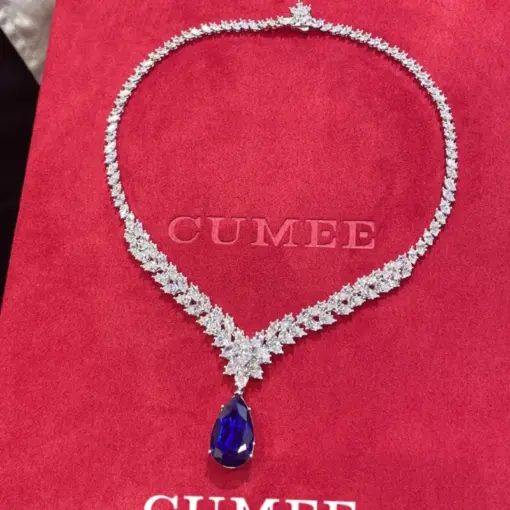 Cumee Blue CZ Sapphire Oval Pendant Necklace women 925 Sterling Silver / 18K Solid Gold Plated, Birthday Engagement, Anniversary