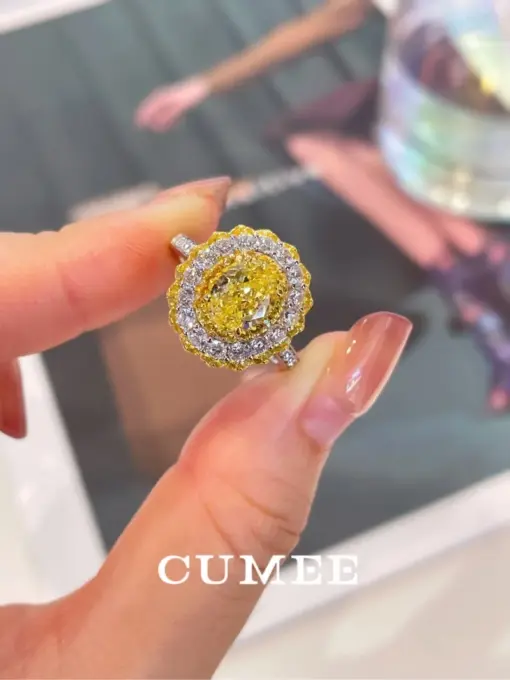 CUMEE Daily Oval Lemon Yellow Gemstone Diamond Ring 925 silver gold-plated Halo Rings for Women Anniversary