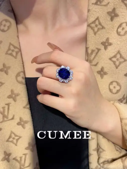 Cumee Large 8 Carat Luxury Cultivated Synthetic Gemstone Sapphire Ring for Women 925 Sterling Silver Plated 18K Gold