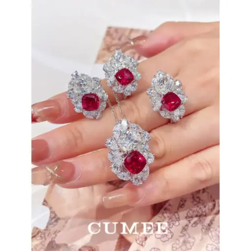 CUMEE 2024 Red Ruby Pendant Necklace for Women Full Diamond Cultivated Synthetic New Gold Plated Pendant Trendy