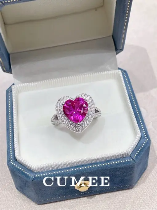 Cumee Heart Classic Lab Created Gemstone Rose Red Surrounded Women's Ring. 925 Silver Plated Gold Rings for Women