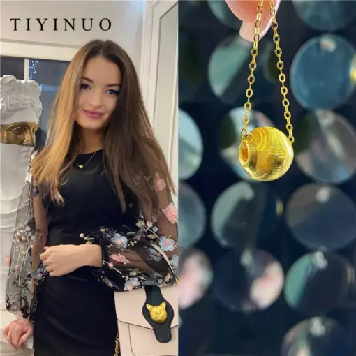 TIYINUO Genuine 24K Pure 999 Real Gold Lucky Cat's Eye Bead Pendant Necklace Classic Present Luxury Gift For Woman Fine Jewelry