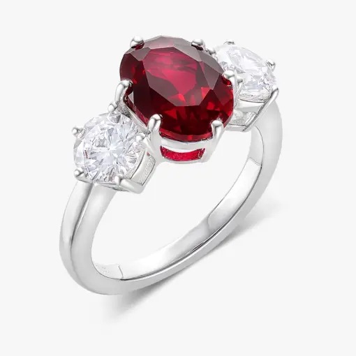 CUMEE Classic Small Carat Three Stone Cultivated Ruby Gemstone Red Ring 925 Silver Gold plated gift for Wife and Girlfriend