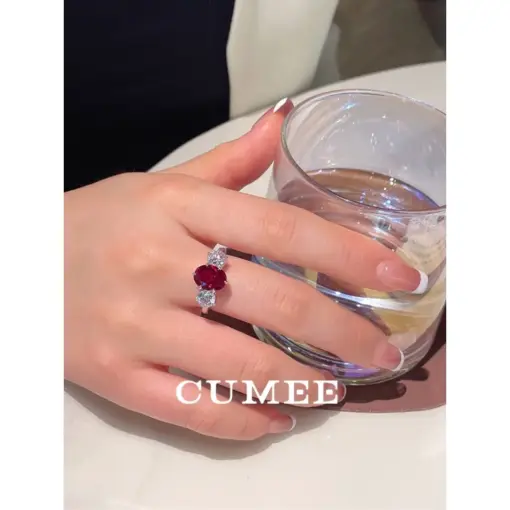 CUMEE Classic Small Carat Three Stone Cultivated Ruby Gemstone Red Ring 925 Silver Gold plated gift for Wife and Girlfriend