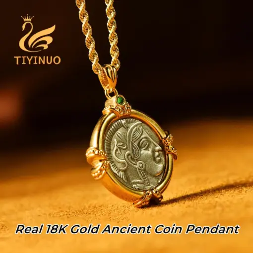 TIYINUO Authentic AU750 Real 18K Gold Ancient Coin Athena Owl Pendant Twisted Rope Necklace Delicate Gift For Woman Fine Jewelry