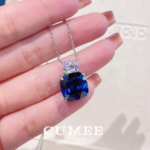 CUMEE Simple Daily Cultivation Royal Blue Sapphire Silver Plated Gold Pendant Necklace for Women Wedding Engagement Birthday