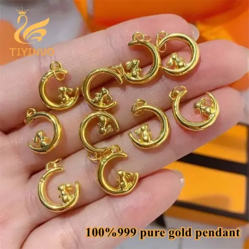 TIYINUO Genuine 999 Real Gold 24K Moon Rabit Pendant Necklace Cute Exquisite Gift Sweet Birthday Present For Woman Fine Jewelry