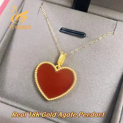 TIYINUO Real 18K Gold AU750 Red Agate Heart Love Pendant Necklace For Woman Classic Fashion Gift Sincere Present Fine Jewelry