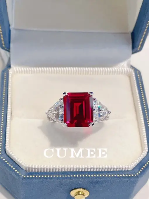 CUMEE Classic Princess Square Fire Color Cultivated Ruby Ring for Women. 925 Sterling Silver Plated Gold for Mothers Girlfriend