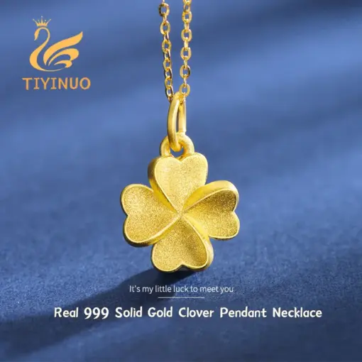 TIYINUO Genuine 999 Pure Real Gold 24K Four-leaf Lucky Clover Pendant Necklace Fine Jewelry For Woman Classic Gift Cute Present