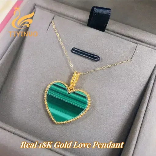 TIYINUO Genuine AU750 Real 18K Gold Agate Malachite Heart Love Pendant Necklace For Woman Fashion Gift Present Fine Jewelry