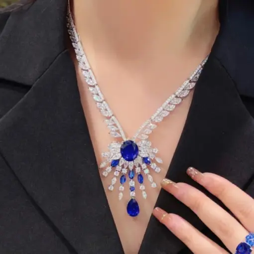 CUMEE Luxury Design Sapphire Gemstone Cultivated Created Royal Blue Neckalce for Women Silver Plated Gold Necklace