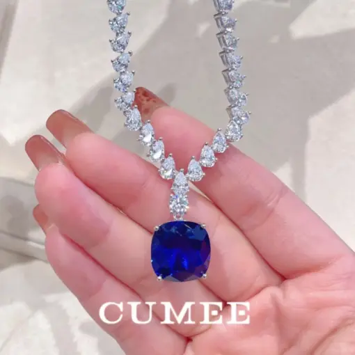 CUMEE 925 Sterling Silver cultivation royal blue Sapphire Gemstone Necklace synthetic sapphire Silver gold-plated necklace