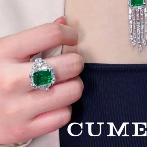 Cumee Fashion Classic Square Cultivated Synthetic Emerald Rings for Women 925 Silver Plated Gold Gift for Girlfriend