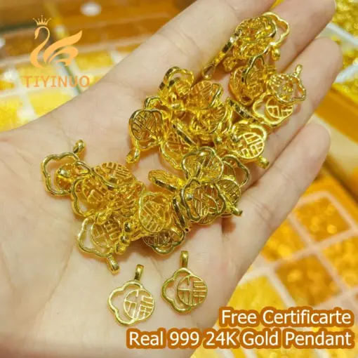 TIYINUO 24K Real Gold Genuine 999 Pendant Clover Fu Necklace Blessing Unique Gift Delicate Present For Woman Fine Jewelry