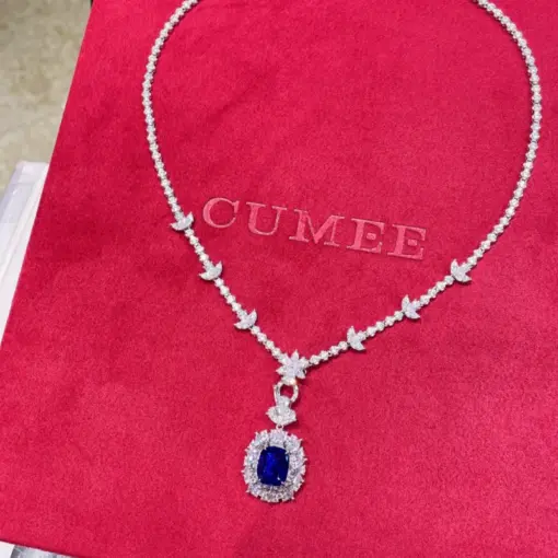 Cumee Sapphire Pendants Necklace for Women Sparkling Blue Cultivation Sapphire Necklace 925 Sterling Silver Gold-plated