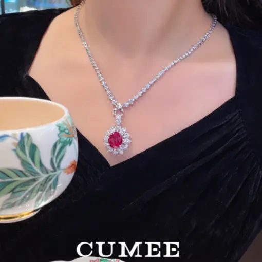 CUMEE Fashion Pigeon Blood Red Detachable Design Cultivated Synthetic Ruby Necklace 925 Silver Gold Plating