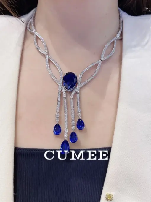 Cumee Cultivated Sapphire Necklace for Women Cubic Zirconia 925 Silver Gold-plated Necklace for Party Holidays Engagement