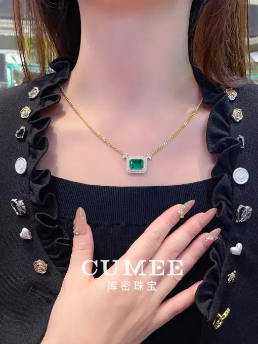 Cumee New Gold Plated Jewelry 925 silver Chain Cultivate Synthetic Emerald Green Necklace Silver Gold Plating