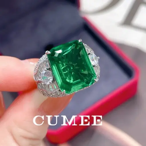 CUMEE Dominant Big Colombian Emerald Green Rings for Men's and Women's Cultivated Emerald Synthetic Ring. 925 Silver Plated Gold