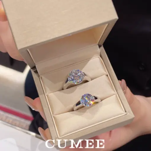 CUMEE Round Super Sparkling Ring for Couple Wedding Women and Men D-color High Carbon Diamond, Silver Plated Gold