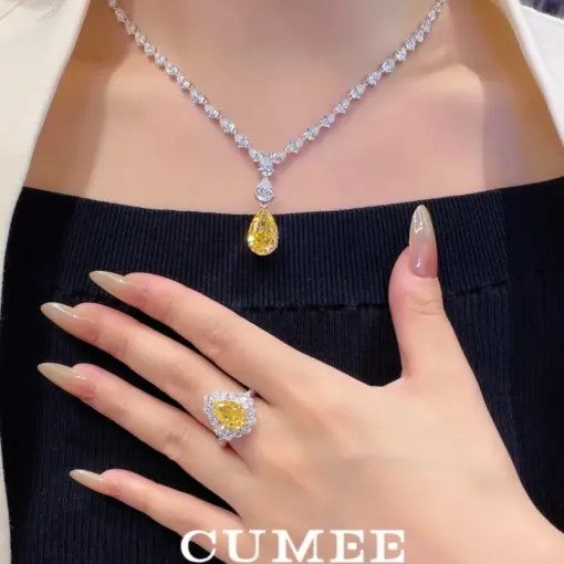 Cumee Fashion Super Sparkling Water Droplet Artificial Yellow Lab Created Gemstone Necklace for Women 925 Silver Gold plated