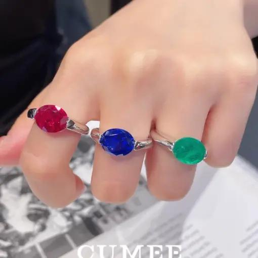 Summer Fashion Style Simple Cultivated Gemstone Ring for Men and Women. Silver Gold-plated Three Color Ruby Emerald Sapphire