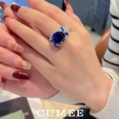 Cumee 8carat Cultivation Lab Created Synthetic Sapphire Rings for Women and Men, Unisex Ring with Silver and Gold Plating