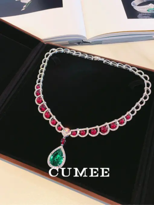 CUMEE Luxury Fashionable Pear Cultivation Synthetic Gemstone Ruby Emerald Necklace. 925 Silver Gold-plated