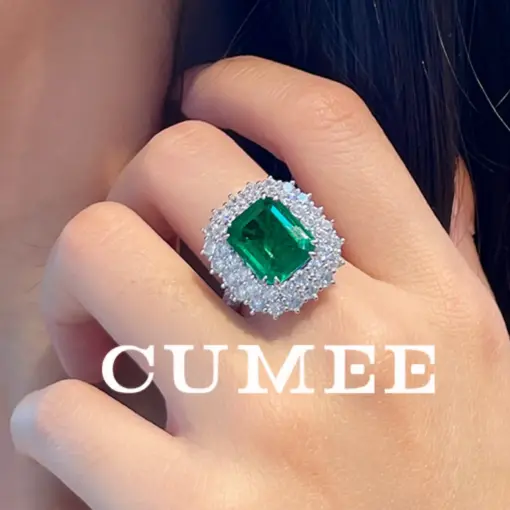 CUMEE 6.5CT Diamond Surround Emerald Created Ring for Women 925 silver and gold plated Engagement Rings Gift Party