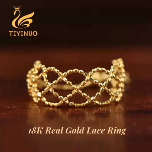 TIYINUO Genuine 18K Gold Real AU750 Woven Lace Soft Ring Adjustable Hollow Fine Jewelry For Woman Fashion Gift Unique Present