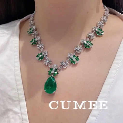 CUMEE Chain Cultivation Cubic Zirconia CZ Emerald Necklace for Women 925 Sterling Silver Gold-plated