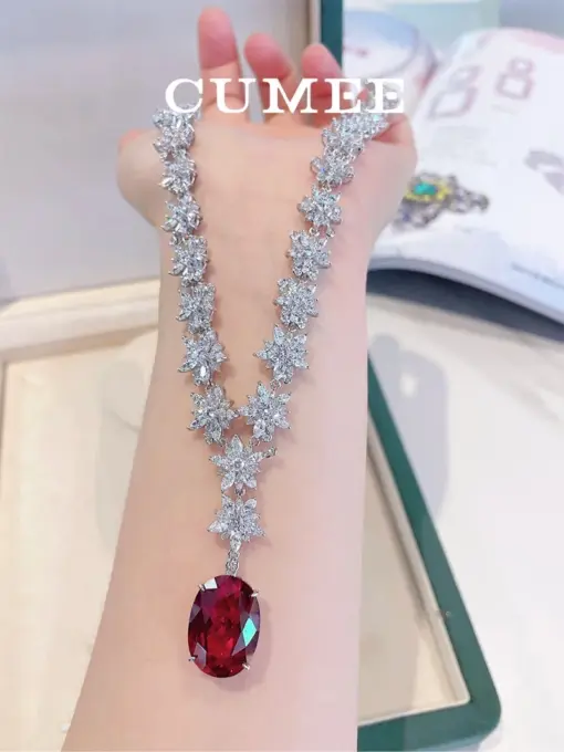 Cumee Luxury Chain Cultivation Ruby Pendant Necklace Trend Necklace for Women 925 Silver Gold-plated