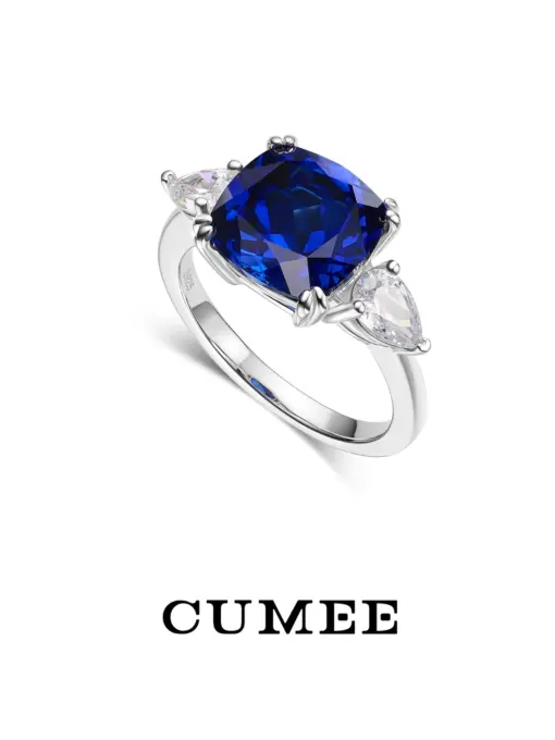 CUMEE Classic 3 Stone Cultivated Sapphire Ring Hand Cut Full Fire Color Gemstone Silver Plated Gold US Size5-9