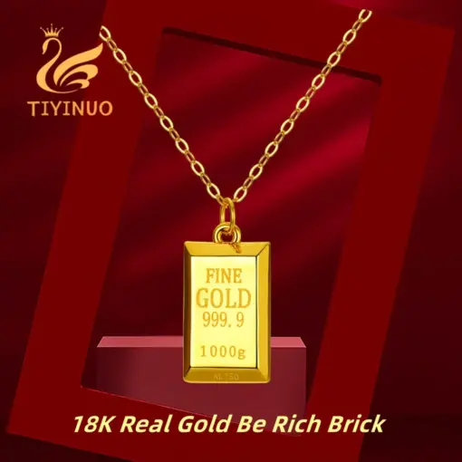 TIYINUO Authentic AU750 Real Gold 18K Be Rich Bricks Pendant Necklace Classic Gift Genuine Present For Woman Fine Jewelry