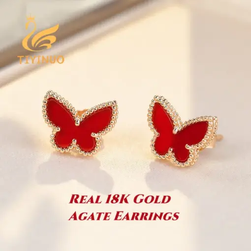 TIYINUO Authentic 18K Gold Real AU750 Agate Malachite Butterfly Earrings Delicate Gift Exquisite Present For Woman Fine Jewelry