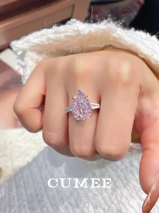 CUMEE large carat Pear artificial pink gemstone diamond Ring for Women. 925 silver gold-plated