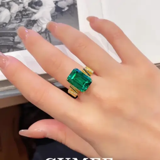 Cumee Luxury 9-carat Pure Body Emerald Rings for Women Cultivated Emerald Ring 925 Sterling Silver Gold-plated Fine Jewelry