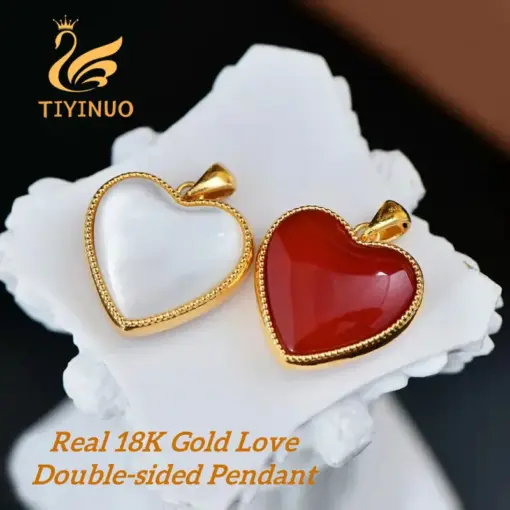 TIYINUO Genuine 18K Real Gold AU750 Red Agate Double-sided Heart Love Pendant Romantic Gift Present For Woman Fine Jewelry