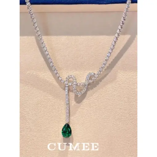 CUMEE 925 Sterling Silver Exquisite Versatile Green pear Lab Created Emerald Necklace with Silver and Gold Plating