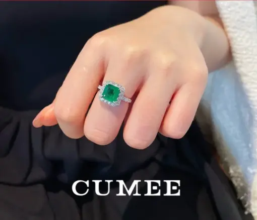 CUMEE 925 Sterling Silver Emerald Ring Square Cultured Emerald Synthetic 925 Silver Gold Plated