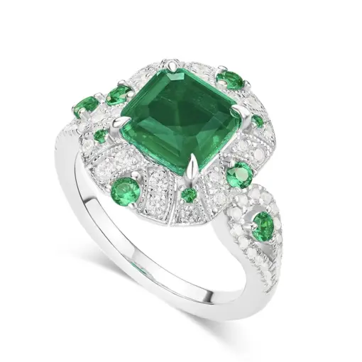 CUMEE CZ Square Ring for Women Full Diamond Luxury Cultivated Synthetic Emerald Ring. Silver Gold-plated