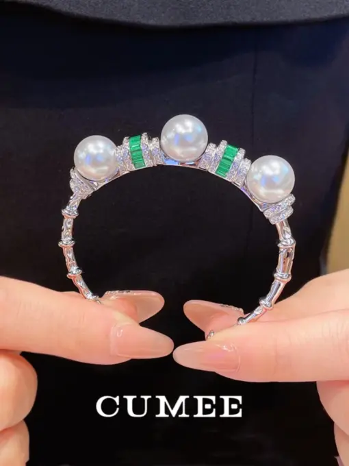 CUMEE Fashionable Dinner Party 12m Open Artificial Australian White Pearl Bracelet Women 925 Silver Gold Plating