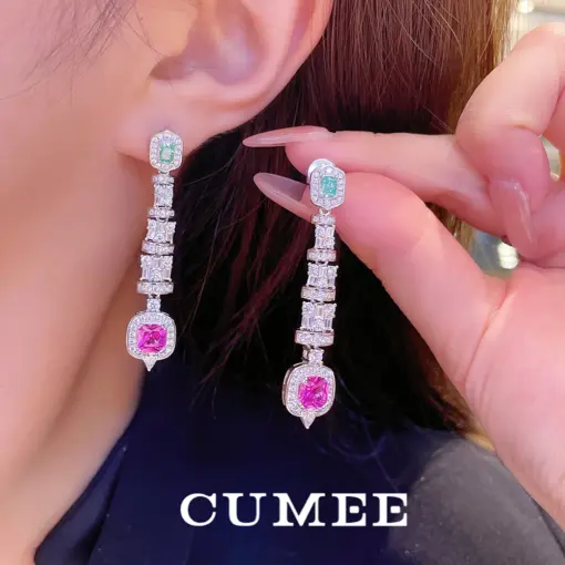 Cumee Blingbling Long Drop Dangle Artificial Gemstone Earrings for Women Silver Gold-plated CZ Cubic Zirconia