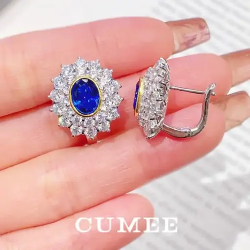 CUMEE Sapphire Stud Earrings Gemstone Created Blue Sterling Silver Earrings for Women