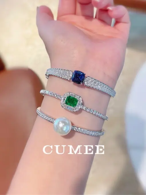 CUMEE 925 Sterling Silver Bracelet Summer Fashion Gemstone Sapphire Emerald Pearls Bracelet for Women 925 Silver Plated Gold