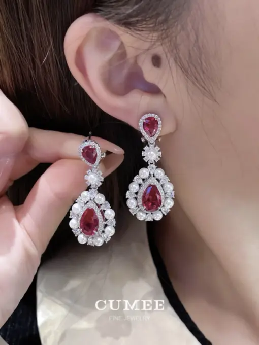 Cumee Fashionable Large Carat Water Drop Ruby Earring, Cultivated Synthetic Ruby. 925 Silver Gold-plated Earrings for Women