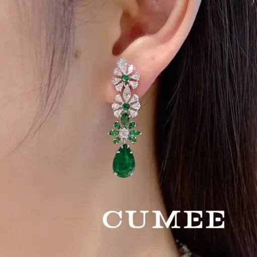 CUMEE Cultivation CZ Emerald Earrings for Women Flower Pear Shaped Lab Created Gemstone 925 Sterling Silver Gold-plated