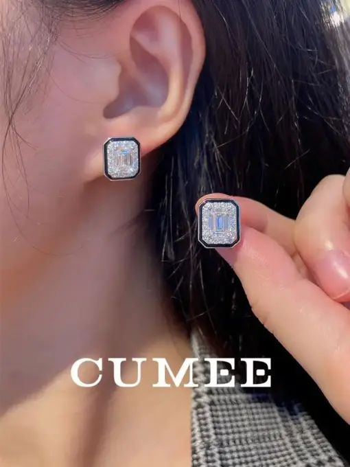 CUMEE Fashion INS Style White Super Sparkling Square Stud Earring for Women 925 Silver Gold-plated